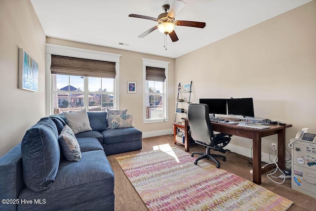 office featuring carpet floors and ceiling fan