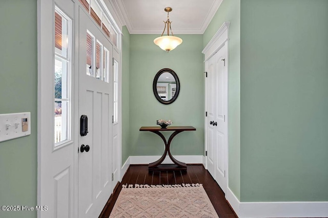 entrance foyer with ornamental molding and dark hardwood / wood-style flooring