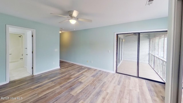 interior space with ceiling fan and light hardwood / wood-style flooring