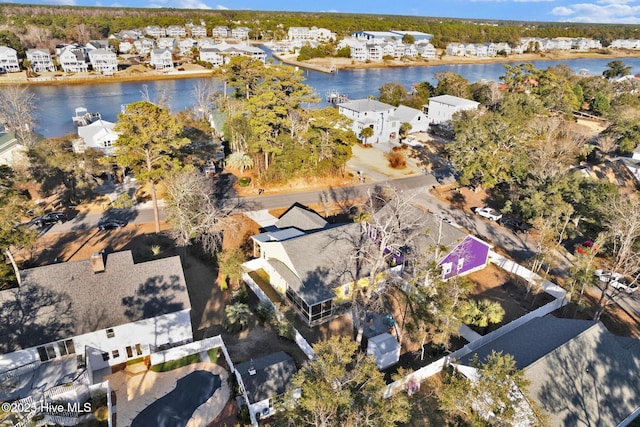 drone / aerial view with a water view