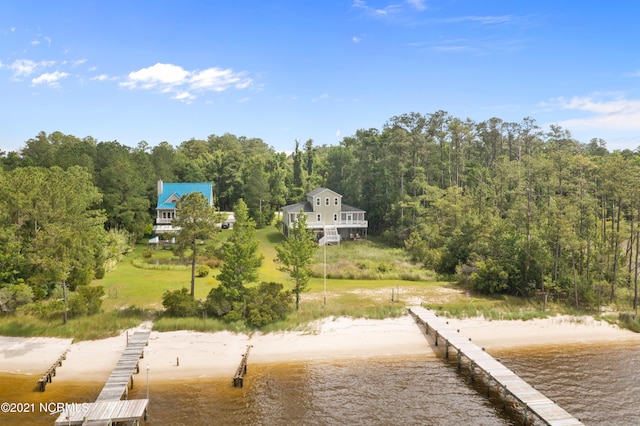 drone / aerial view featuring a water view