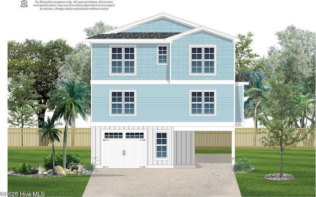 5201 E Pelican Dr, Oak Island, NC 28465 - coastal home featuring a garage, driveway, board and batten siding, and a shingled roof