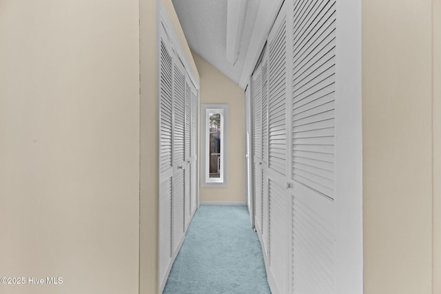 hallway featuring light colored carpet and a textured ceiling