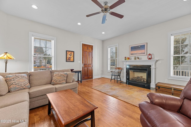 living room featuring ceiling fan and hardwood / wood-style floors