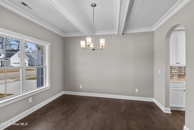 unfurnished dining area featuring beam ceiling, a chandelier, dark hardwood / wood-style floors, and ornamental molding