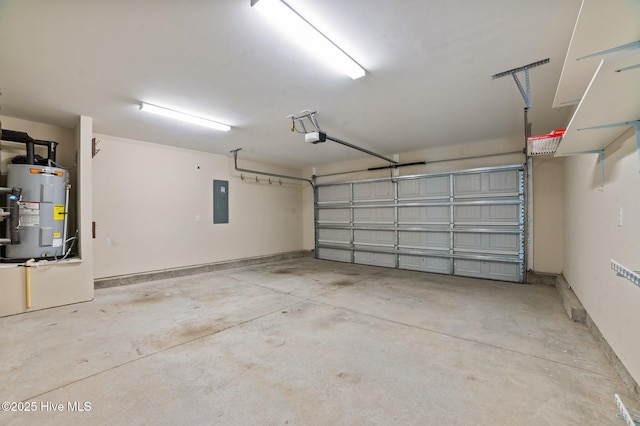 garage with electric panel, electric water heater, and a garage door opener