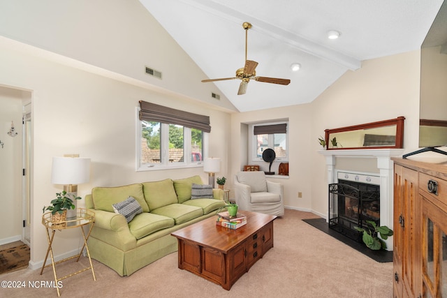 living room featuring ceiling fan, light colored carpet, and vaulted ceiling with beams