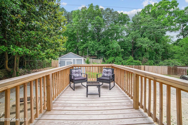 deck with a storage shed