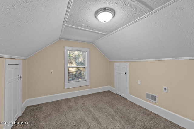 additional living space with carpet, a textured ceiling, and vaulted ceiling