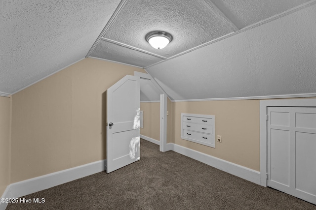 additional living space featuring dark colored carpet, a textured ceiling, and lofted ceiling