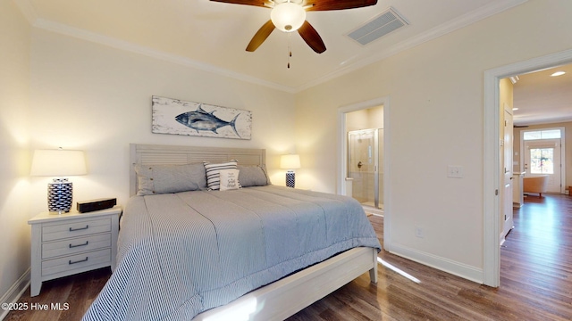 bedroom with ensuite bathroom, crown molding, ceiling fan, and dark hardwood / wood-style floors