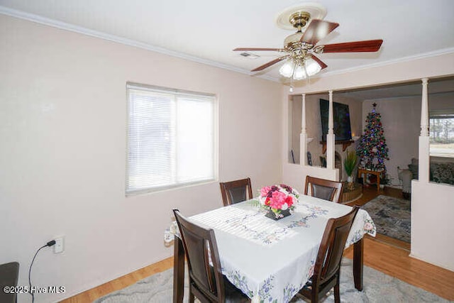 dining room with a healthy amount of sunlight, light hardwood / wood-style floors, and ornamental molding