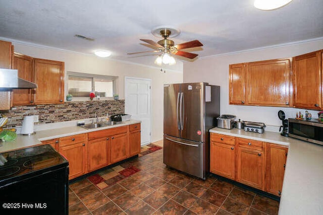 kitchen featuring appliances with stainless steel finishes, backsplash, ceiling fan, sink, and exhaust hood