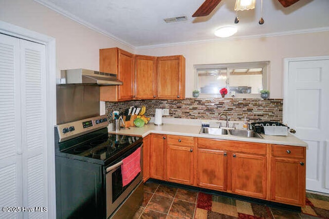 kitchen featuring backsplash, ventilation hood, ceiling fan, sink, and stainless steel electric range