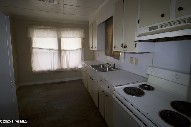 kitchen featuring white cabinets, white electric stove, a healthy amount of sunlight, and sink