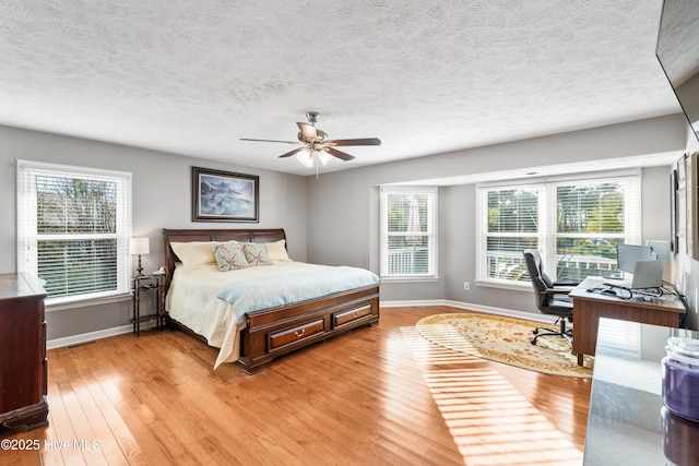 bedroom with ceiling fan and light hardwood / wood-style floors