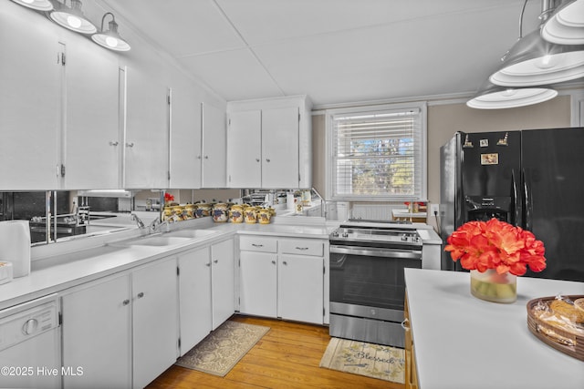 kitchen featuring dishwasher, white cabinetry, black fridge with ice dispenser, and stainless steel range with electric cooktop