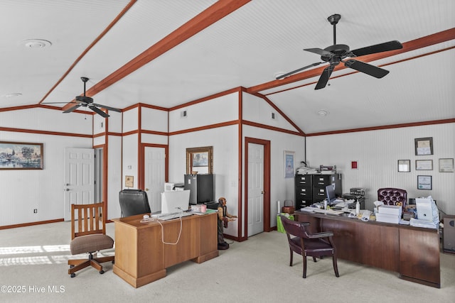 office space featuring ceiling fan, light colored carpet, and vaulted ceiling