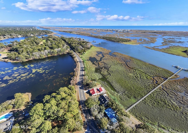 drone / aerial view featuring a water view