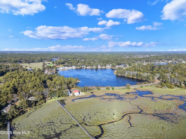 drone / aerial view with a water view