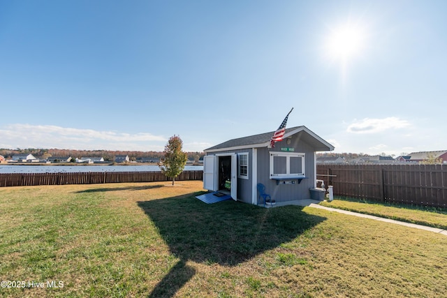 exterior space with a storage shed