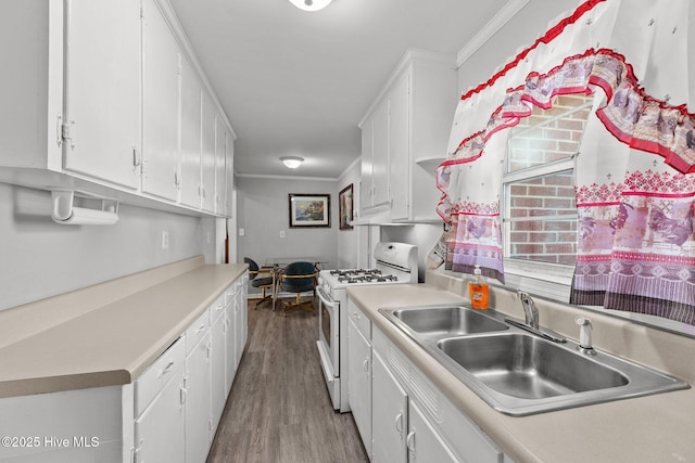 kitchen featuring white gas range oven, white cabinetry, crown molding, and sink