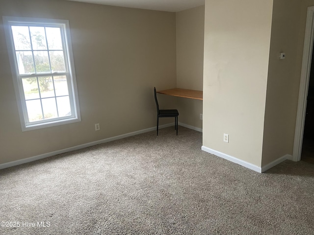 interior space with carpet flooring and built in desk