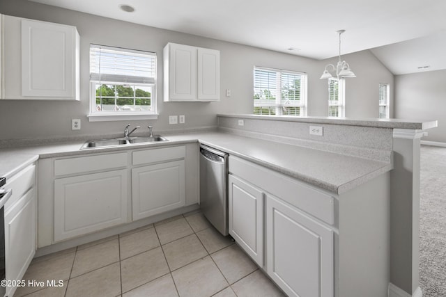 1422 Willoughby Park Ct Unit 5, Wilmington, NC 28412 - kitchen featuring a sink, dishwasher, a peninsula, white cabinets, and light tile patterned floors