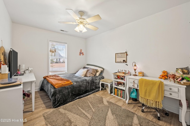 bedroom with ceiling fan and light wood-type flooring