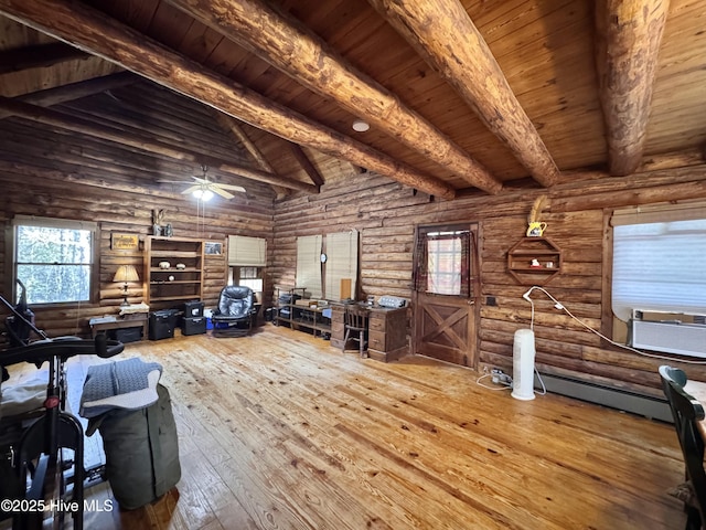 interior space featuring log walls, hardwood / wood-style floors, cooling unit, beam ceiling, and ceiling fan