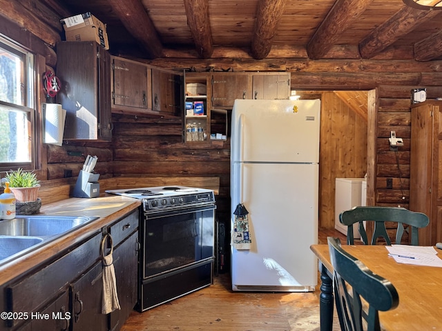 kitchen featuring black electric range, beam ceiling, log walls, wooden ceiling, and white fridge