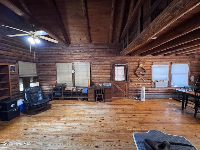 miscellaneous room with ceiling fan, rustic walls, high vaulted ceiling, wooden ceiling, and beam ceiling