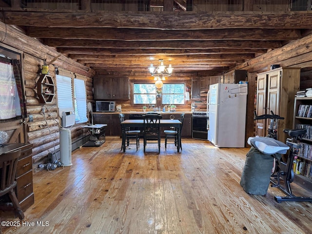 dining area with a chandelier, rustic walls, beamed ceiling, and light wood-type flooring