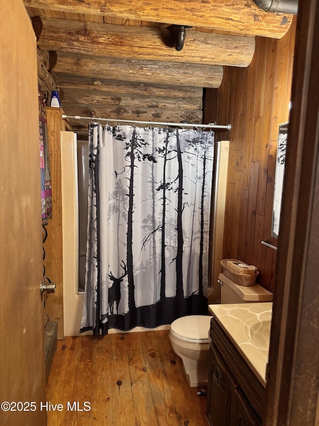 bathroom featuring wood ceiling, vanity, beamed ceiling, toilet, and hardwood / wood-style flooring