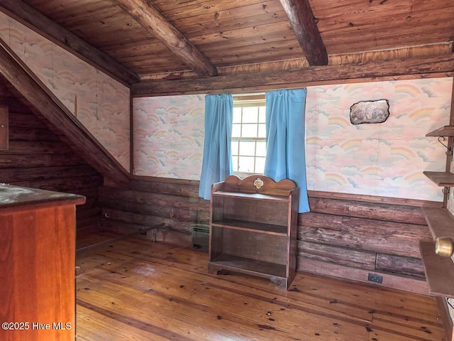 sitting room with hardwood / wood-style floors, rustic walls, beam ceiling, and wood ceiling