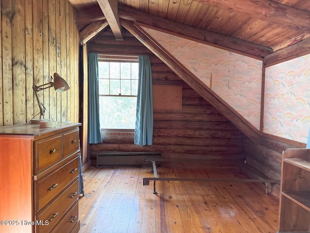 bonus room featuring a baseboard radiator, light hardwood / wood-style flooring, wood walls, and lofted ceiling with beams