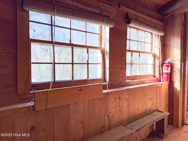 details with hardwood / wood-style flooring and wooden walls