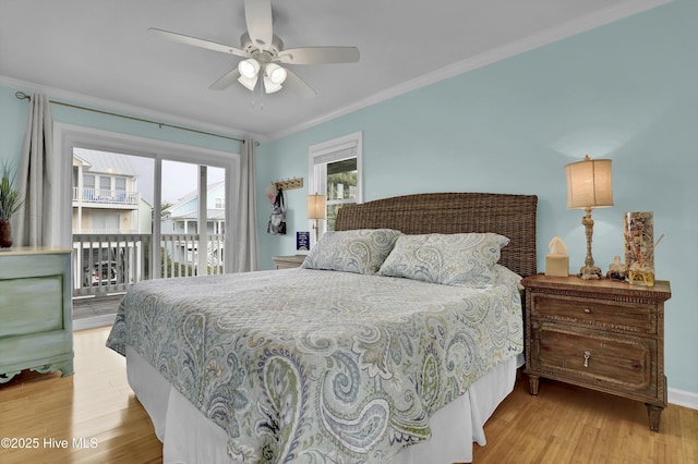 bedroom featuring access to outside, ornamental molding, ceiling fan, and light hardwood / wood-style floors