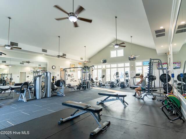 workout area featuring a towering ceiling and dark colored carpet