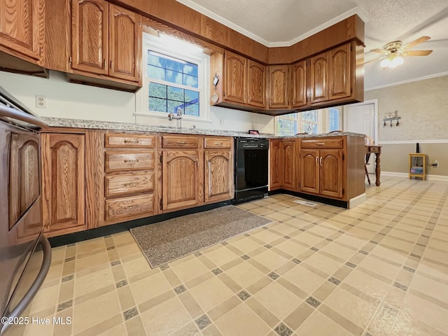 kitchen featuring ceiling fan, dishwasher, sink, crown molding, and a textured ceiling