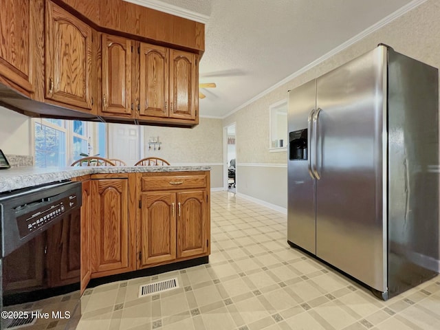 kitchen featuring stainless steel fridge with ice dispenser, black dishwasher, ceiling fan, and ornamental molding