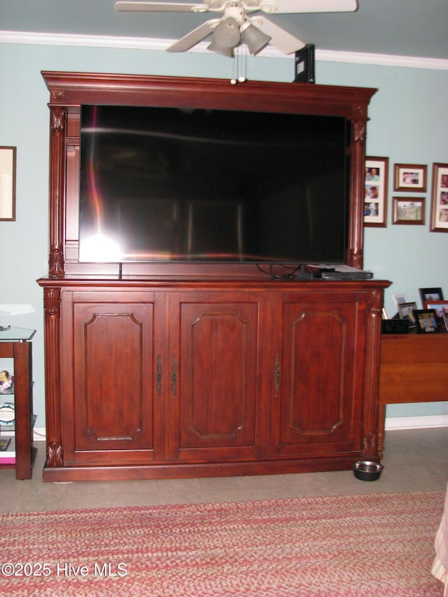 details featuring crown molding and ceiling fan