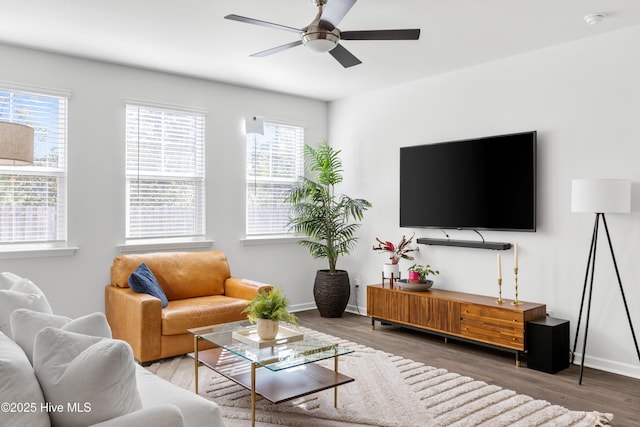 living room with ceiling fan and dark hardwood / wood-style floors