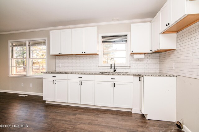 kitchen with white cabinets, light stone counters, and sink