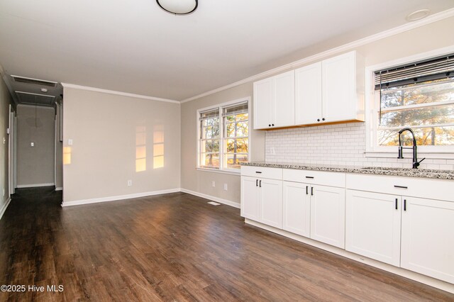 kitchen with light stone countertops, dark hardwood / wood-style flooring, backsplash, sink, and white cabinets