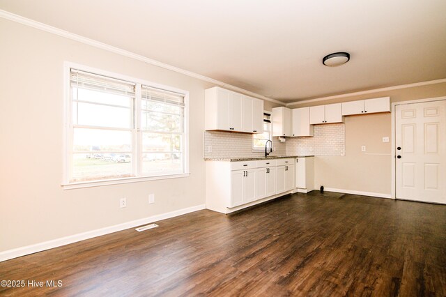 kitchen featuring tasteful backsplash, light stone counters, ornamental molding, dark wood-type flooring, and white cabinetry