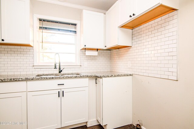 kitchen featuring light stone counters, white cabinetry, and sink