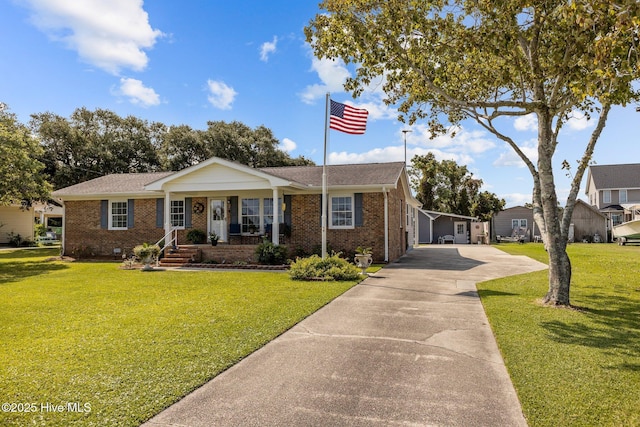 ranch-style house with a front yard, a carport, and a porch