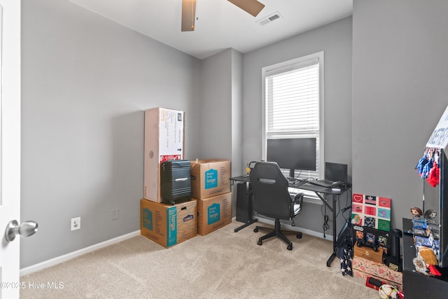 office area with ceiling fan and light colored carpet