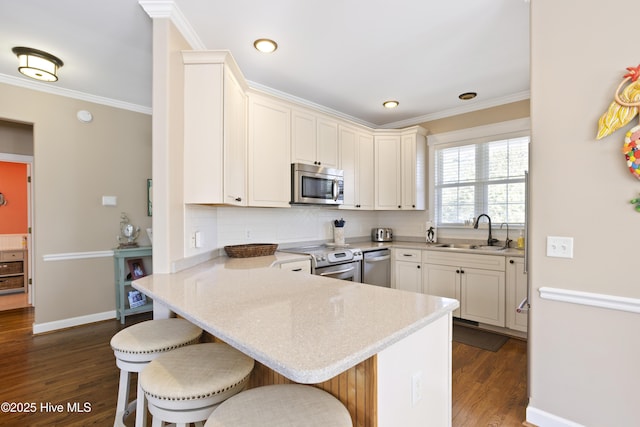 kitchen featuring appliances with stainless steel finishes, a kitchen breakfast bar, a sink, and ornamental molding